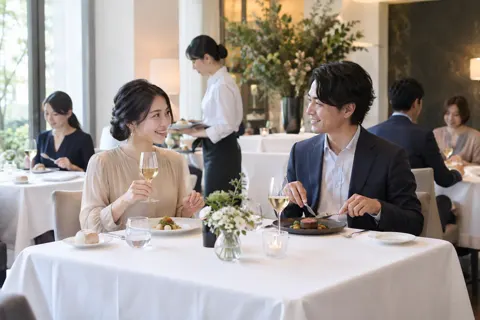 白いテーブルが並ぶ店内でコース料理を楽しむお客様たち（フレンチの写真 No.24）