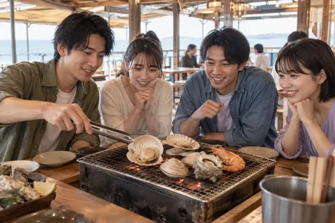 網の上の貝が開くのを待つお客様たち（浜焼きの写真 No.20）