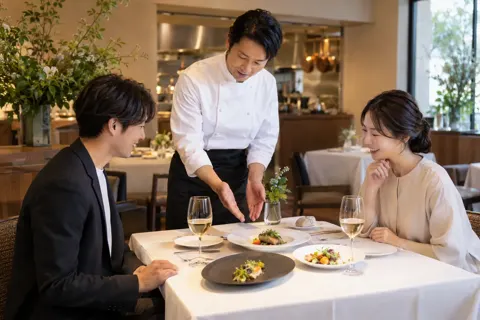 テーブルで料理の説明をするシェフとお客様（イタリアン・フレンチの写真 No.29）