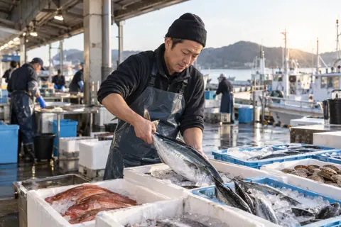 朝の市場で魚を仕入れる店主（海鮮丼・浜焼きの写真 No.21）