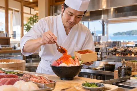 海鮮丼にいくらをたっぷりのせる板前（海鮮丼・浜焼きの写真 No.25）