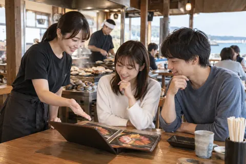 海鮮丼の写真を見て注文を決めるお客様（海鮮丼・浜焼きの写真 No.29）