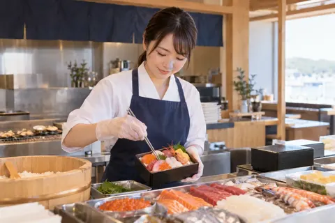 持ち帰りの海鮮弁当を詰める店員（海鮮丼・浜焼きの写真 No.33）