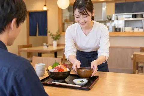 味噌汁を海鮮丼のお盆にのせる店員（海鮮丼の写真 No.19）