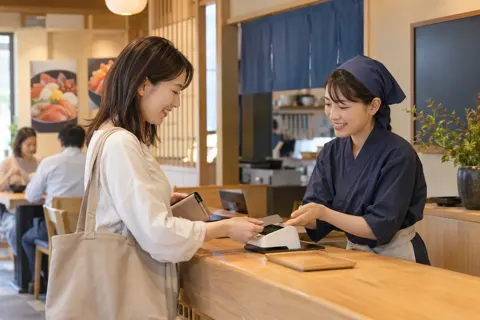 海鮮丼の店のレジで代金を払うお客様（海鮮丼の写真 No.21）