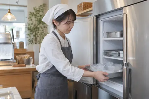かき氷の器を冷凍庫で冷やす店員（かき氷の写真 No.22）