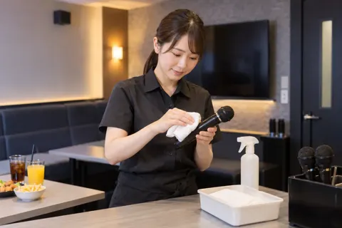 マイクを消毒する店員（カラオケ・カラオケボックスの写真 No.36）
