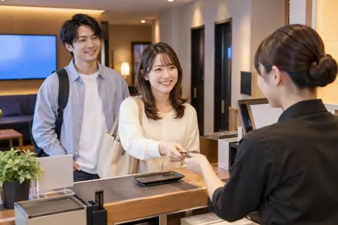 カラオケの受付で代金を払うお客様（カラオケ・カラオケボックスの写真 No.43）