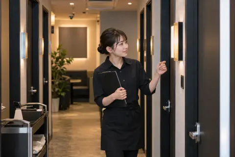 廊下で部屋番号を確かめるカラオケの店員（カラオケ・カラオケボックスの写真 No.45）