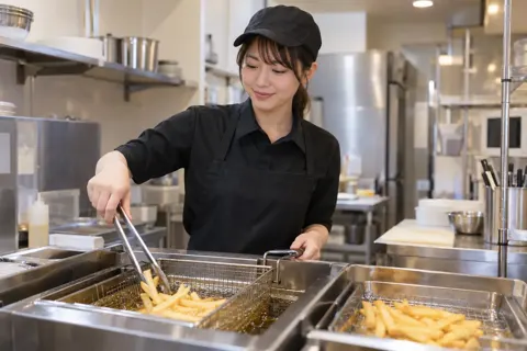 カラオケの厨房でポテトを揚げる店員（カラオケ・カラオケボックスの写真 No.47）