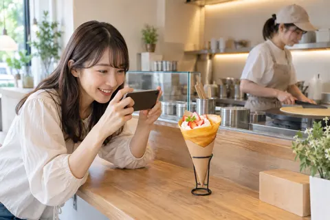 できたクレープの写真をとるお客様（クレープの写真 No.19）