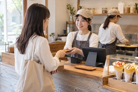 クレープの店のレジで代金を払うお客様（クレープの写真 No.20）