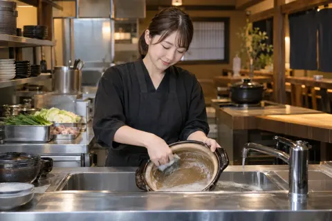 もつ鍋の土鍋を洗う店員（もつ鍋の写真 No.19）