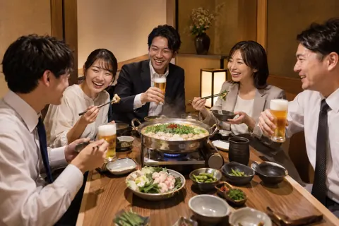 個室でもつ鍋を囲む会社の仲間（もつ鍋の写真 No.22）
