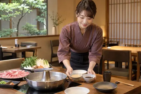 しゃぶしゃぶのごまだれとぽん酢を出す店員（鍋・しゃぶしゃぶ・おでんの写真 No.19）