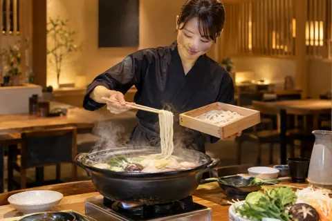 寄せ鍋のしめにうどんを入れる店員（鍋・しゃぶしゃぶ・おでんの写真 No.24）