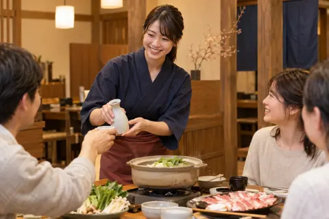 鍋の席に熱燗を運ぶ店員（鍋・しゃぶしゃぶ・おでんの写真 No.27）