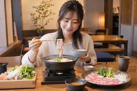 一人用の小さな鍋を食べるお客様（鍋・しゃぶしゃぶ・おでんの写真 No.28）