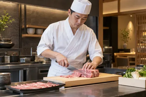 しゃぶしゃぶ用の肉を薄く切る料理人（鍋・しゃぶしゃぶ・おでんの写真 No.29）