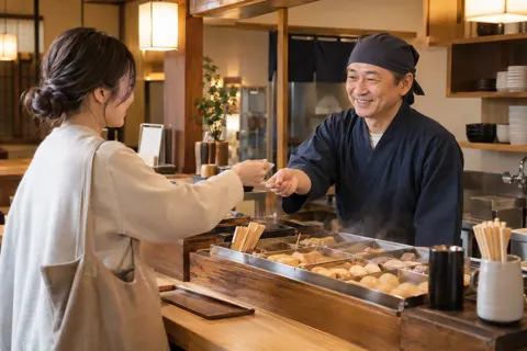 おでん屋で代金を払うお客様と店主（おでんの写真 No.20）