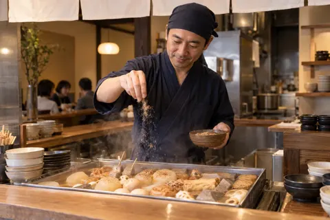 静岡風のおでんに魚の粉をかける店主（おでんの写真 No.22）