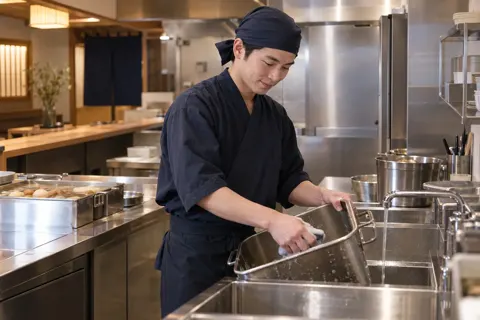 おでんの鍋を洗う店員（おでんの写真 No.23）