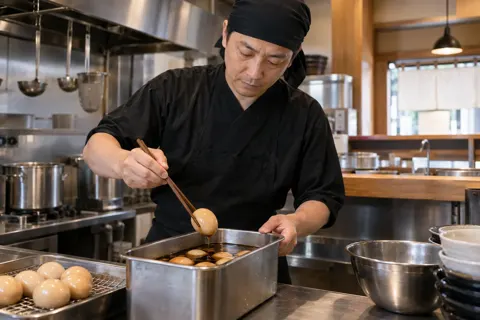 味玉をたれにつける職人（ラーメン・つけ麺・中華そばの写真 No.18）