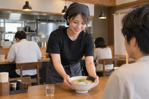 中華そばをテーブルに運ぶ店員（ラーメン・つけ麺・中華そばの写真 No.19）
