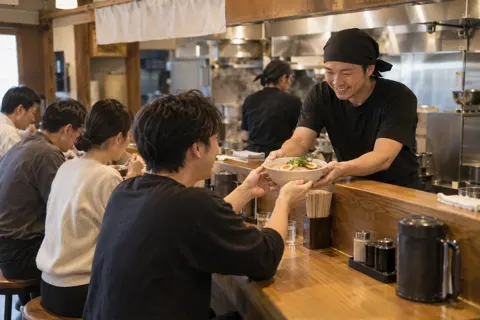 ラーメンの店のカウンターでにぎわうお客様たち（ラーメン・つけ麺・中華そばの写真 No.24）