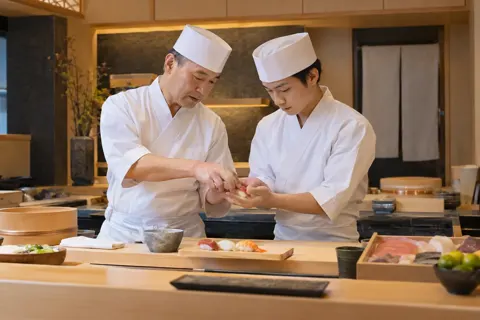 修業中の寿司職人に教える親方（寿司・鮨の写真 No.20）
