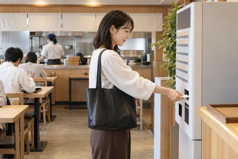 食堂の券売機で食券を買うお客様（定食・食堂の写真 No.19）
