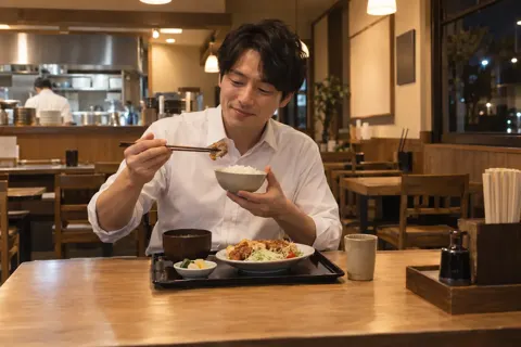 夜の食堂で一人で定食を食べるお客様（定食・食堂の写真 No.22）