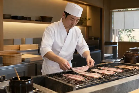 開いたうなぎを焼き台にならべる職人（天ぷら・うなぎの写真 No.18）