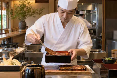 焼けたうなぎを重箱にのせる職人（天ぷら・うなぎの写真 No.22）