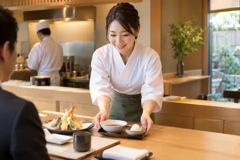 天ぷらのつゆと大根おろしを出す店員（天ぷら・うなぎの写真 No.23）