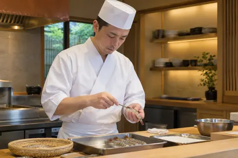天ぷら用のえびの下ごしらえをする職人（天ぷら・うなぎの写真 No.25）