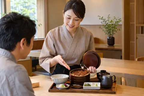 ひつまぶしの食べ方を説明する店員（天ぷら・うなぎの写真 No.30）
