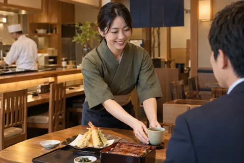 天ぷらとうなぎの店でお茶を出す店員（天ぷら・うなぎの写真 No.31）