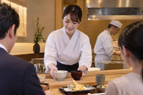 天ぷらの席にご飯と赤だしを出す店員（天ぷらの写真 No.19）