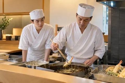 天ぷらの揚げ場を見て学ぶ見習いの職人（天ぷらの写真 No.20）