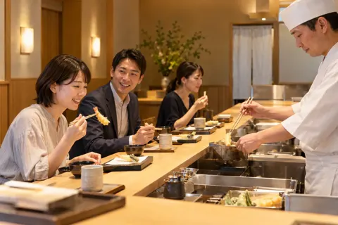 天ぷらの店のカウンターで食事するお客様たち（天ぷらの写真 No.24）