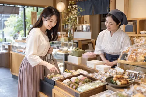 手土産の和菓子とせんべいを選ぶお客様（和菓子・団子・せんべいの写真 No.25）