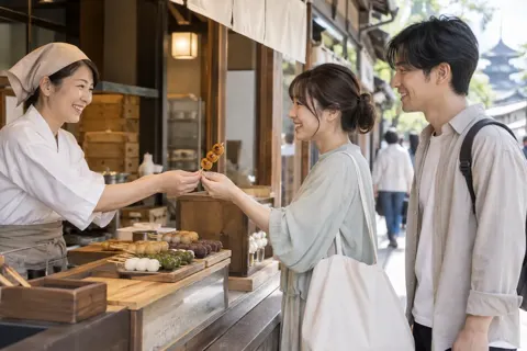 観光地の店で団子を買う旅行者（和菓子・団子・せんべいの写真 No.29）