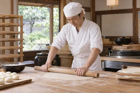 せんべいの生地をのばす職人（和菓子・団子・せんべいの写真 No.30）