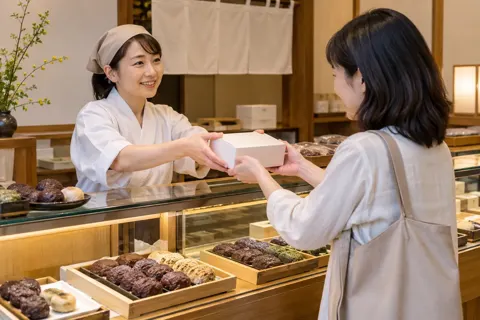 お彼岸のおはぎを買いに来たお客様（和菓子・団子・せんべいの写真 No.31）