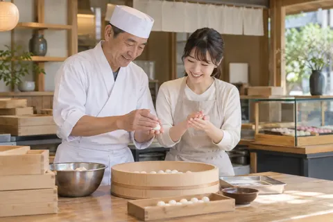 団子作りをお客様に教える職人（和菓子・団子・せんべいの写真 No.33）