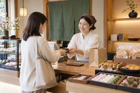 和菓子とせんべいの店で代金を払うお客様（和菓子・団子・せんべいの写真 No.34）