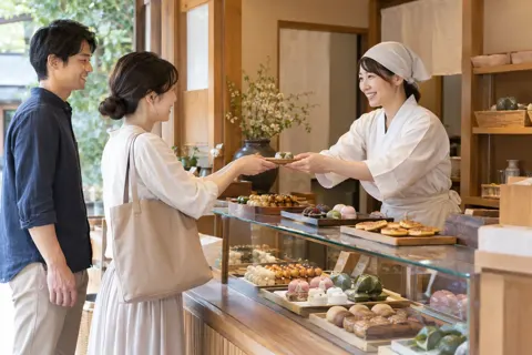 和菓子と団子とせんべいが並ぶ店とお客様（和菓子・団子・せんべいの写真 No.36）