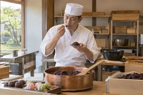 和菓子のあんこの味を確かめる職人（和菓子の写真 No.19）