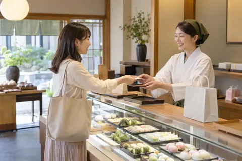 和菓子屋で代金を払うお客様（和菓子の写真 No.22）
